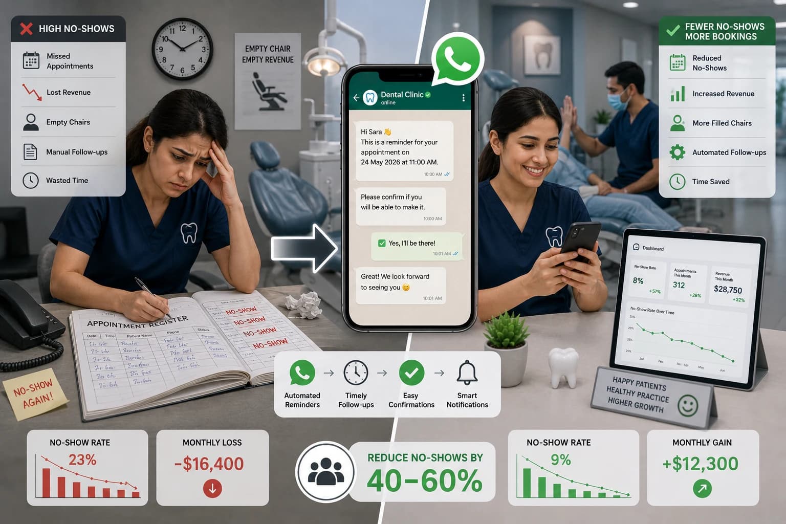 WhatsApp Reminders for Dental Clinics: Cut No-Shows 40–60% (Scripts Included)